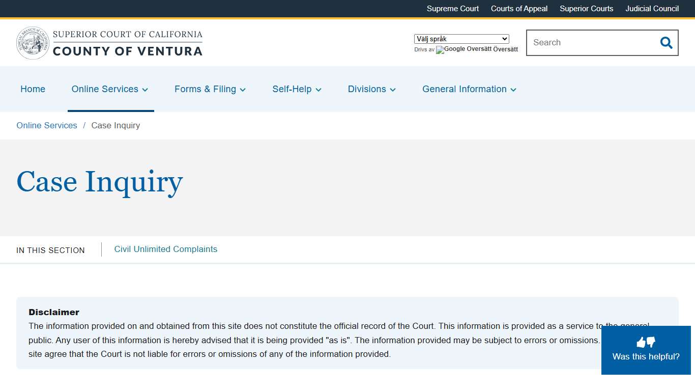 Case Inquiry Superior Court of California County of Ventura