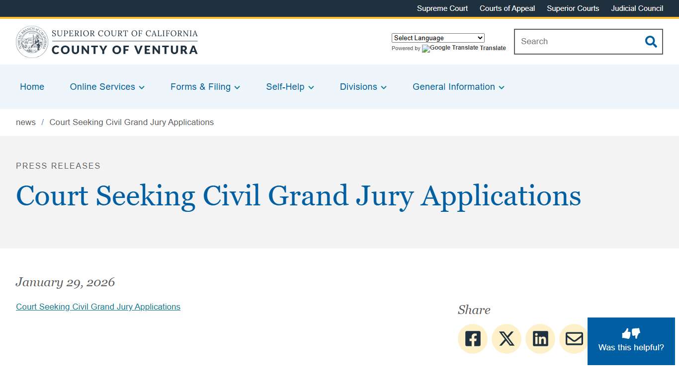 Court Seeking Civil Grand Jury Applications Superior Court of California County of Ventura